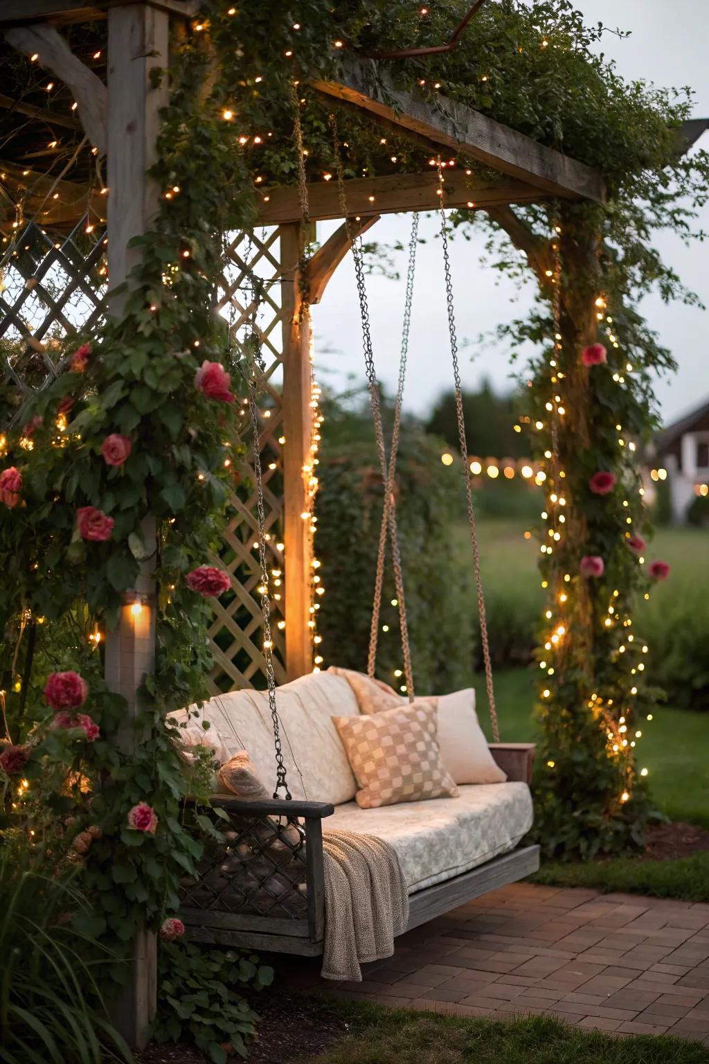 A trellis swing glistens beneath the radiance of fairy lights.