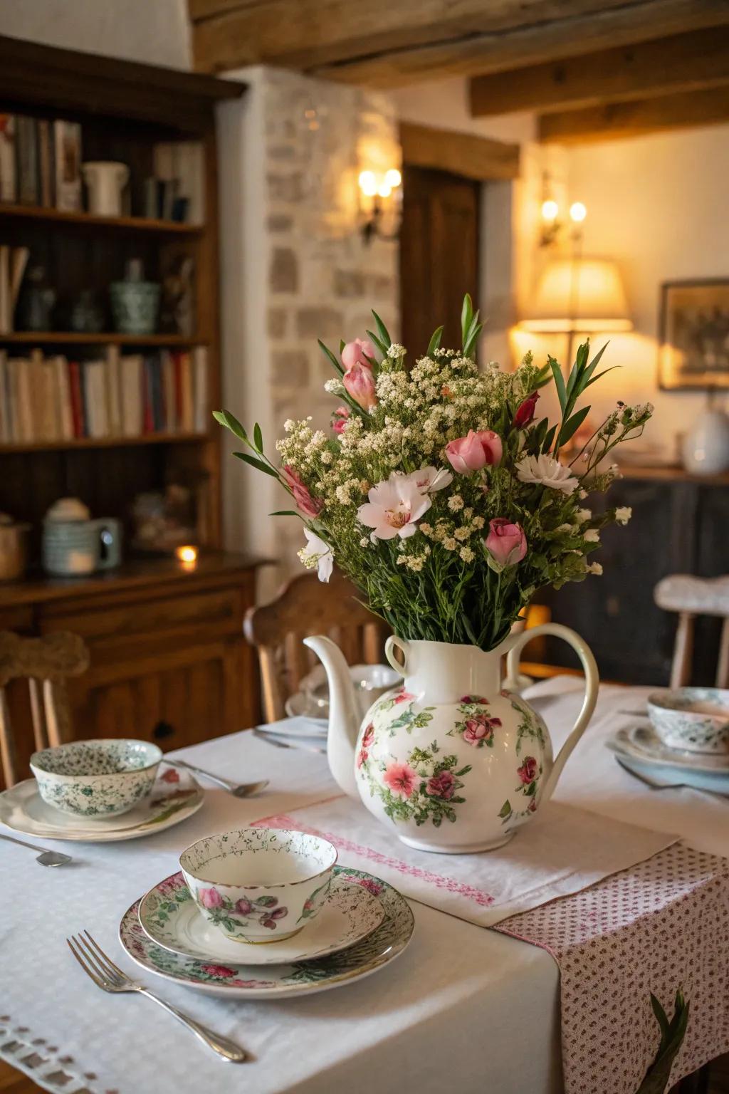 A floral arrangement in a vintage teapot, adding a whimsical touch to the table.