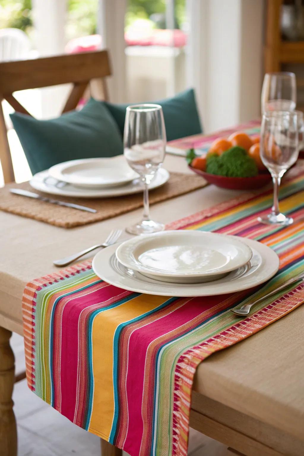 A modern striped table runner creating a contemporary dining area.