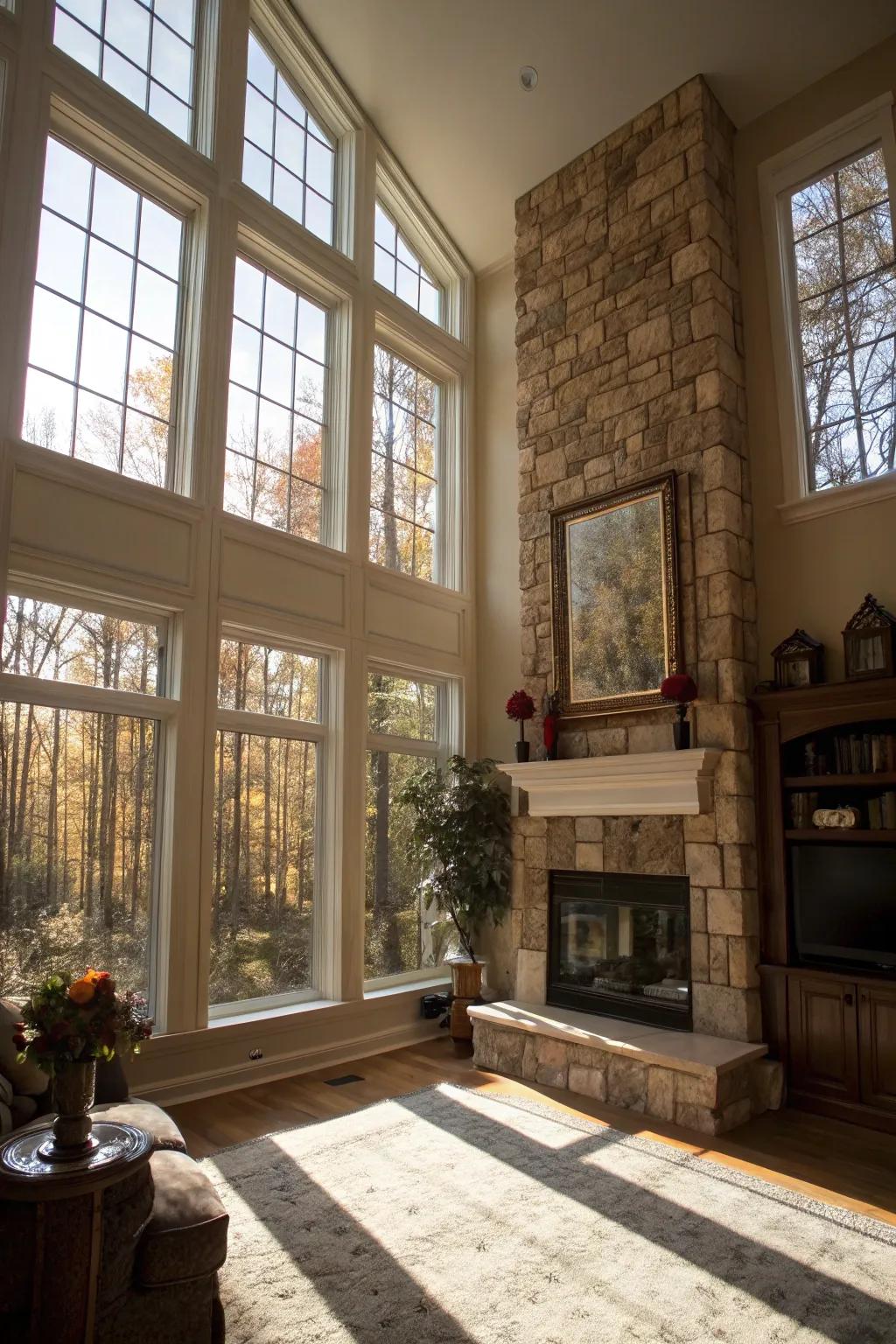 Large windows enhance the openness of a room featuring a tall fireplace.