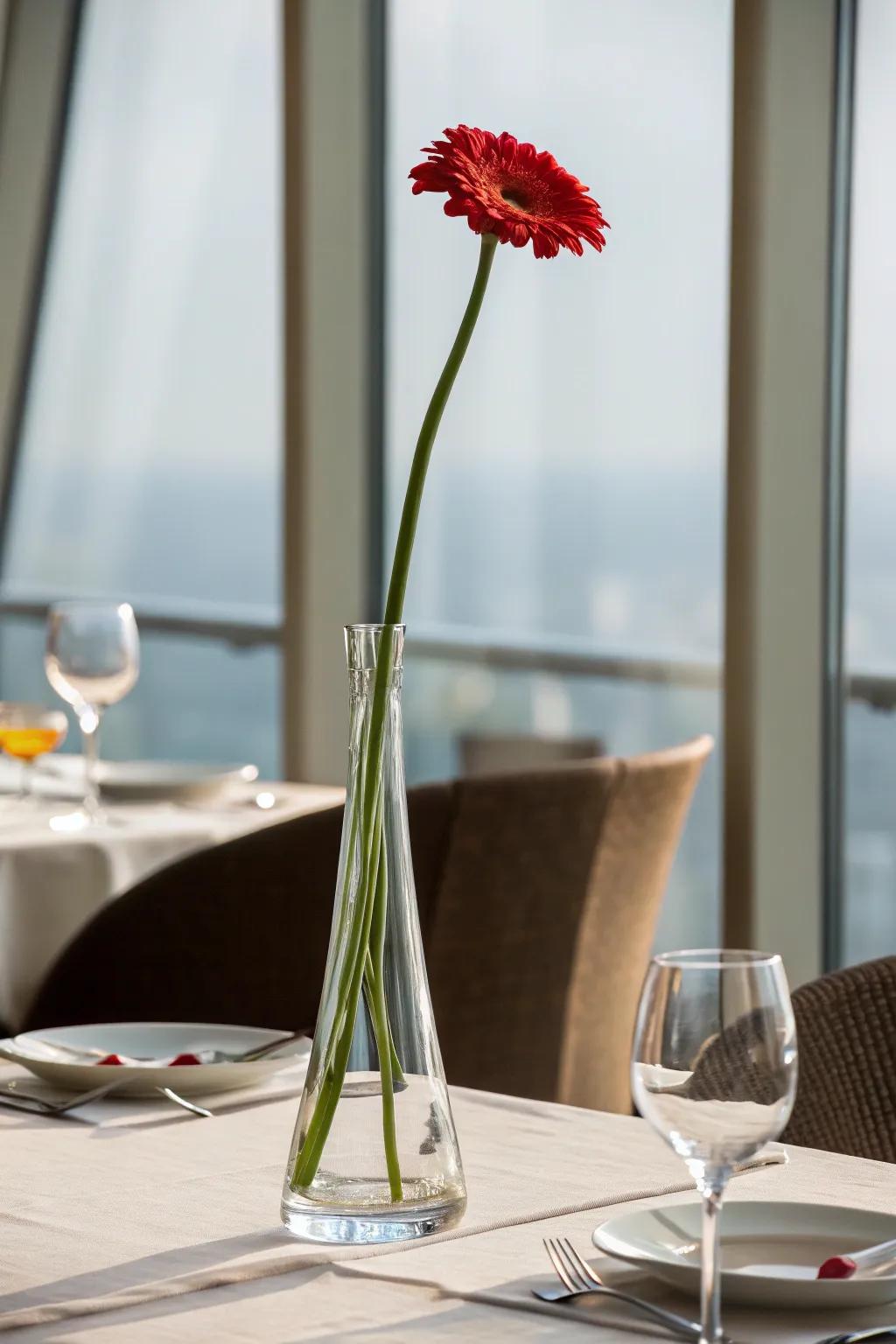 A tall glass vase showcasing a solitary sensational crimson blossom, serving as an arresting centerpiece.