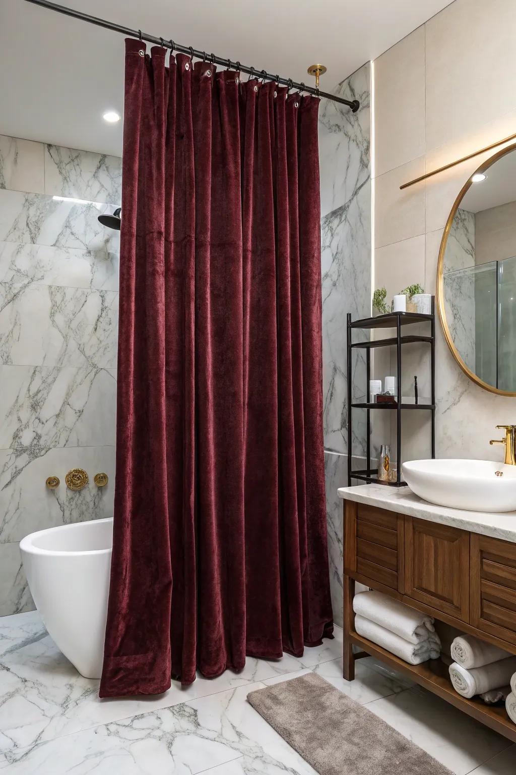 Luxurious materials like velvet can transform your bathroom into a sumptuous retreat.