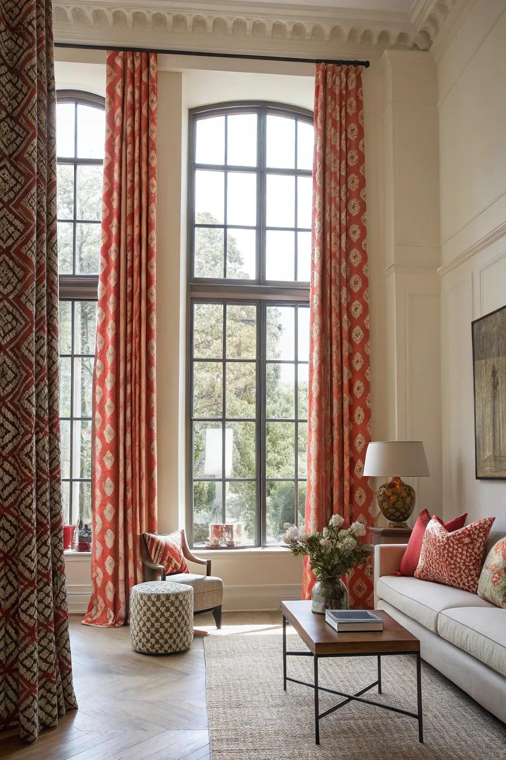 Striking window coverings adding vibrancy and character.