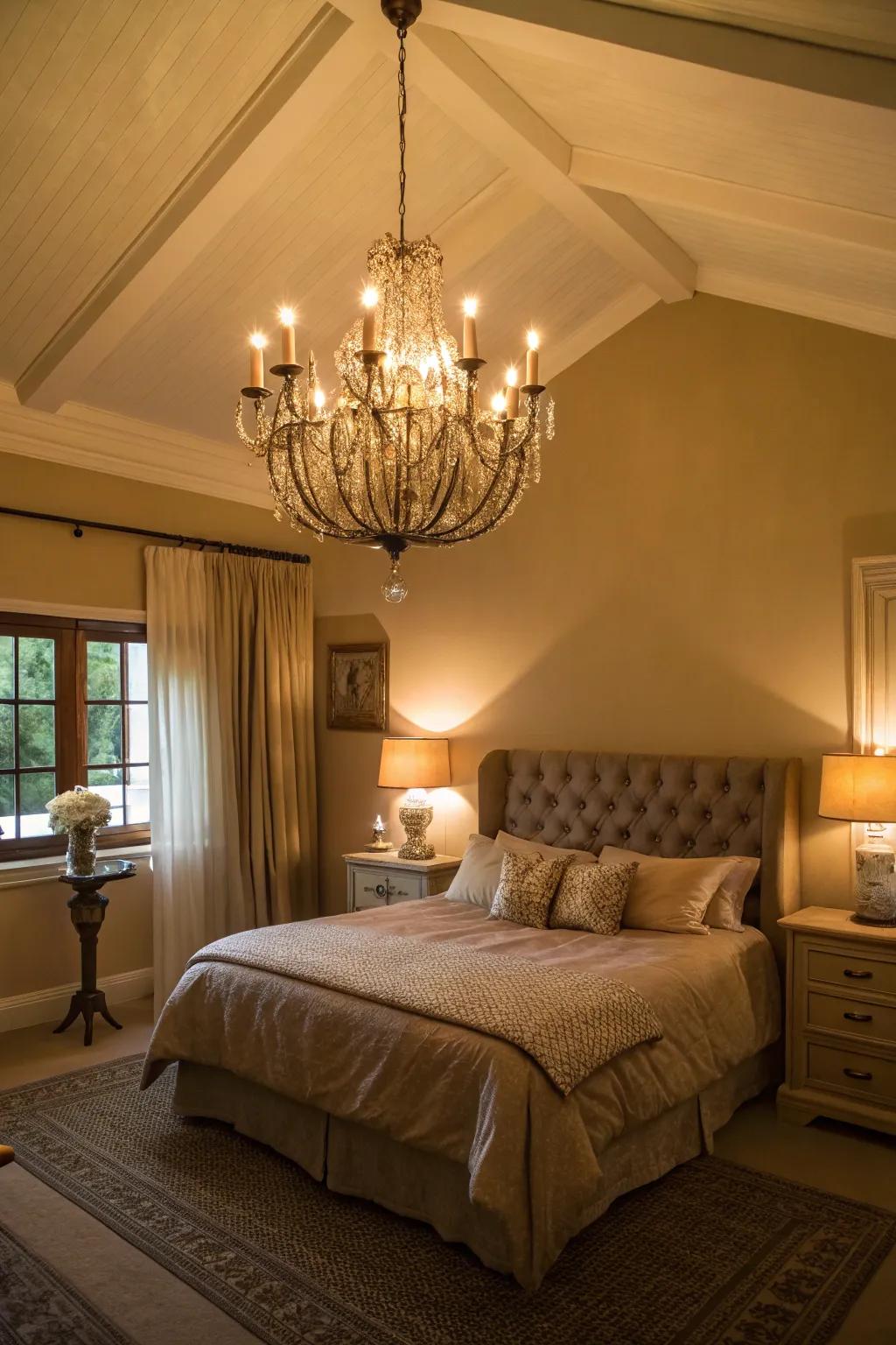 Subtle lighting enhances the warmth of the beige bedroom.
