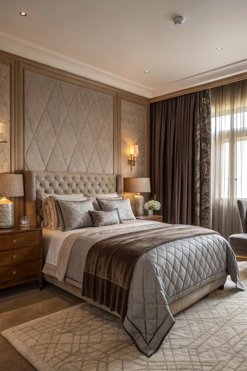 A bedroom highlighting a blend of textures in taupe and grey.