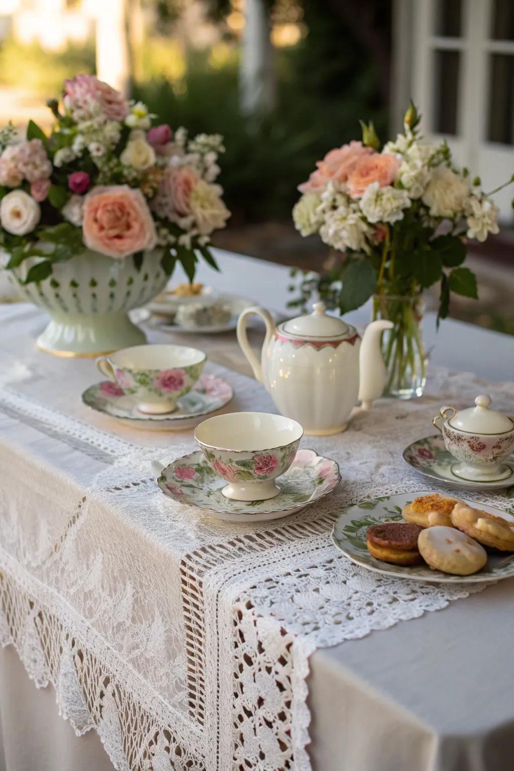A netting surface covering enhances the tea gathering setup with a vintage elegance.
