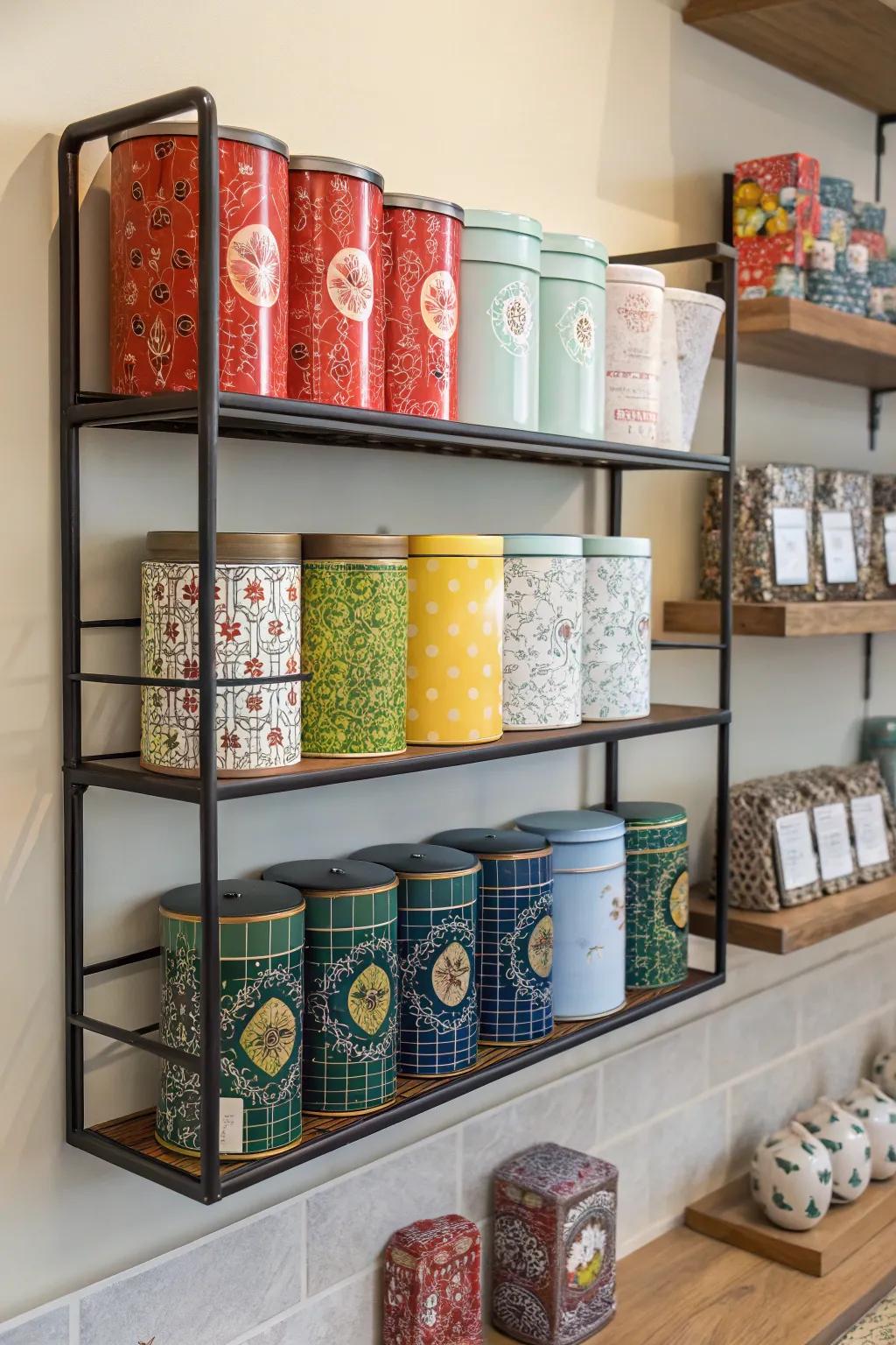 A wall-fitted tea rack providing space-conserving storage.