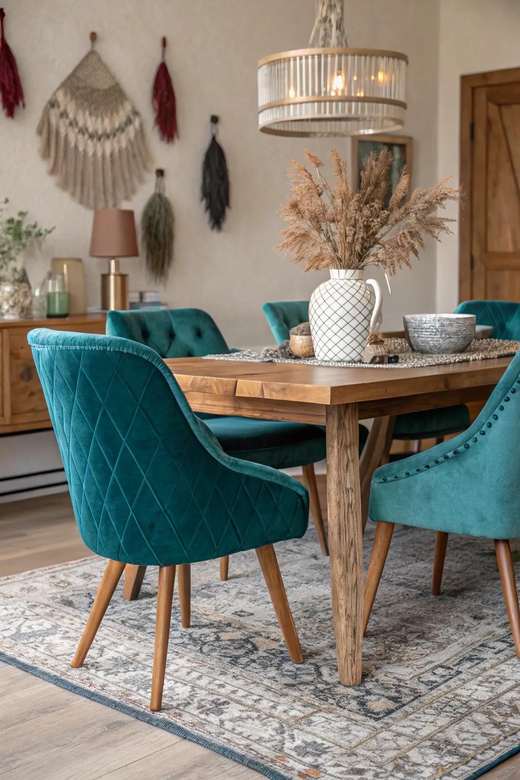 Layered fabrics add dimension to the dining space