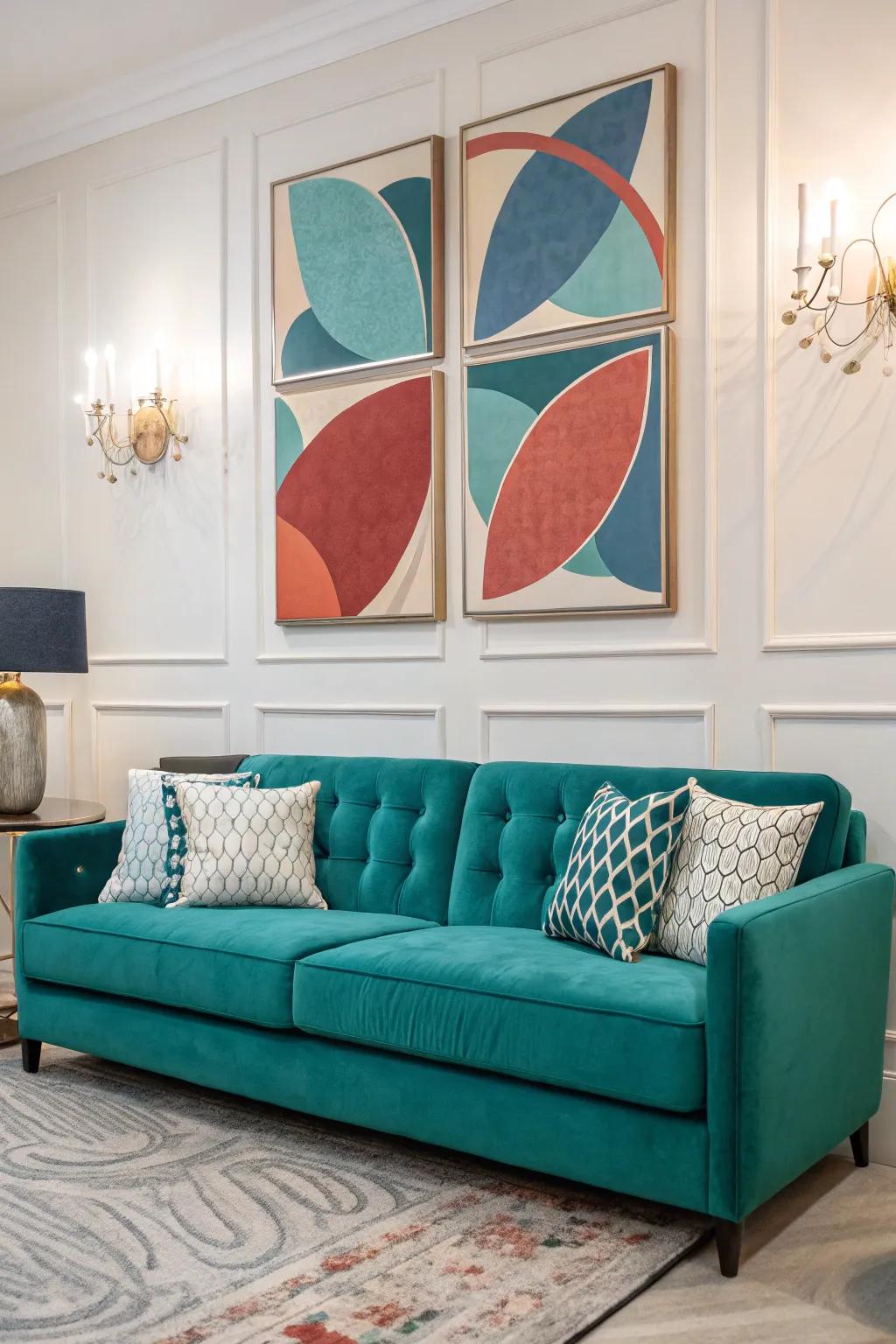 Striking wall art can elevate the appeal of your cerulean sofa.
