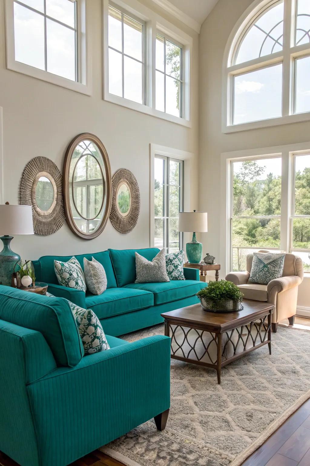 Natural illumination enhances the vibrancy of teal accents in a living area.