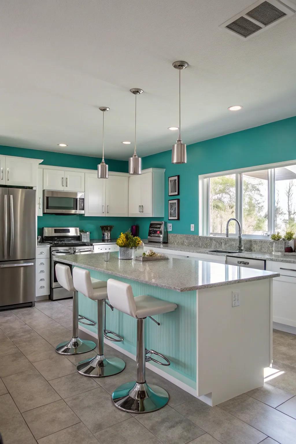 Modern culinary space featuring aqua walls and argent highlights.