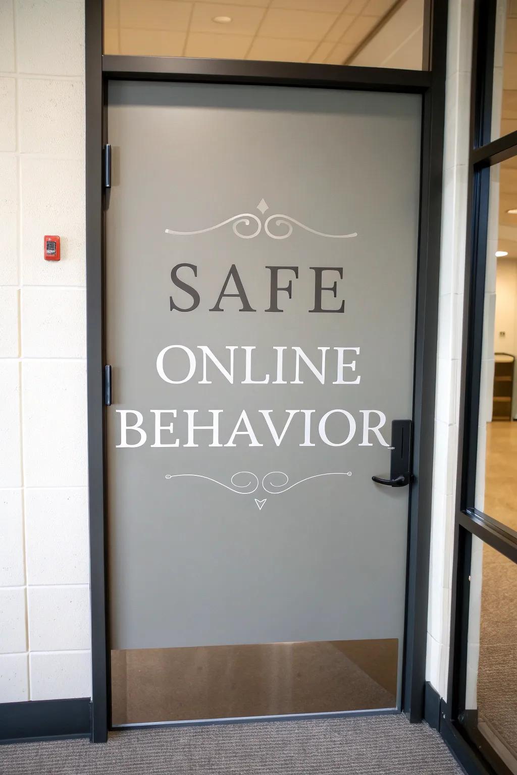A modern door design featuring sayings that promote safe online practices.