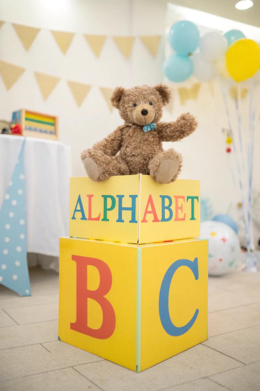 A playful centerpiece featuring a plush companion on a building block.