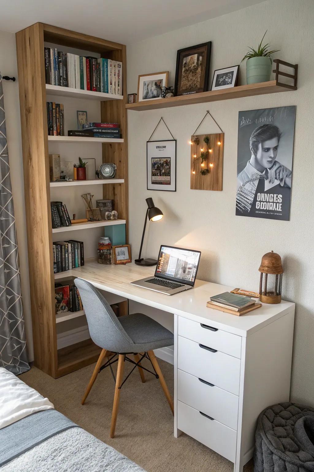 A practical study zone with a stylish desk enhances focus.