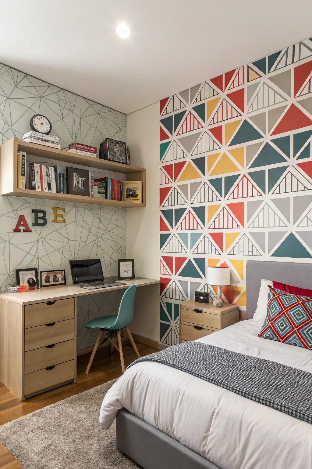 A teen boy's room with striking geometric wallpaper for a modern touch.