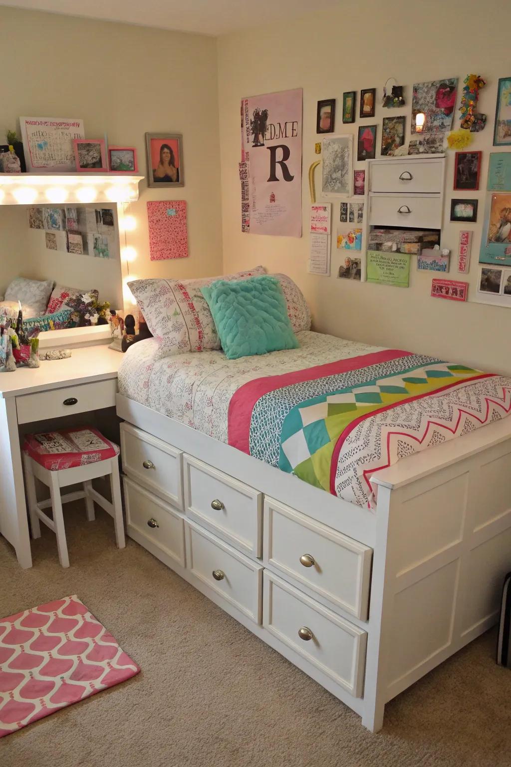 Furniture with multiple uses maximizes space and function in a teen girl's room.