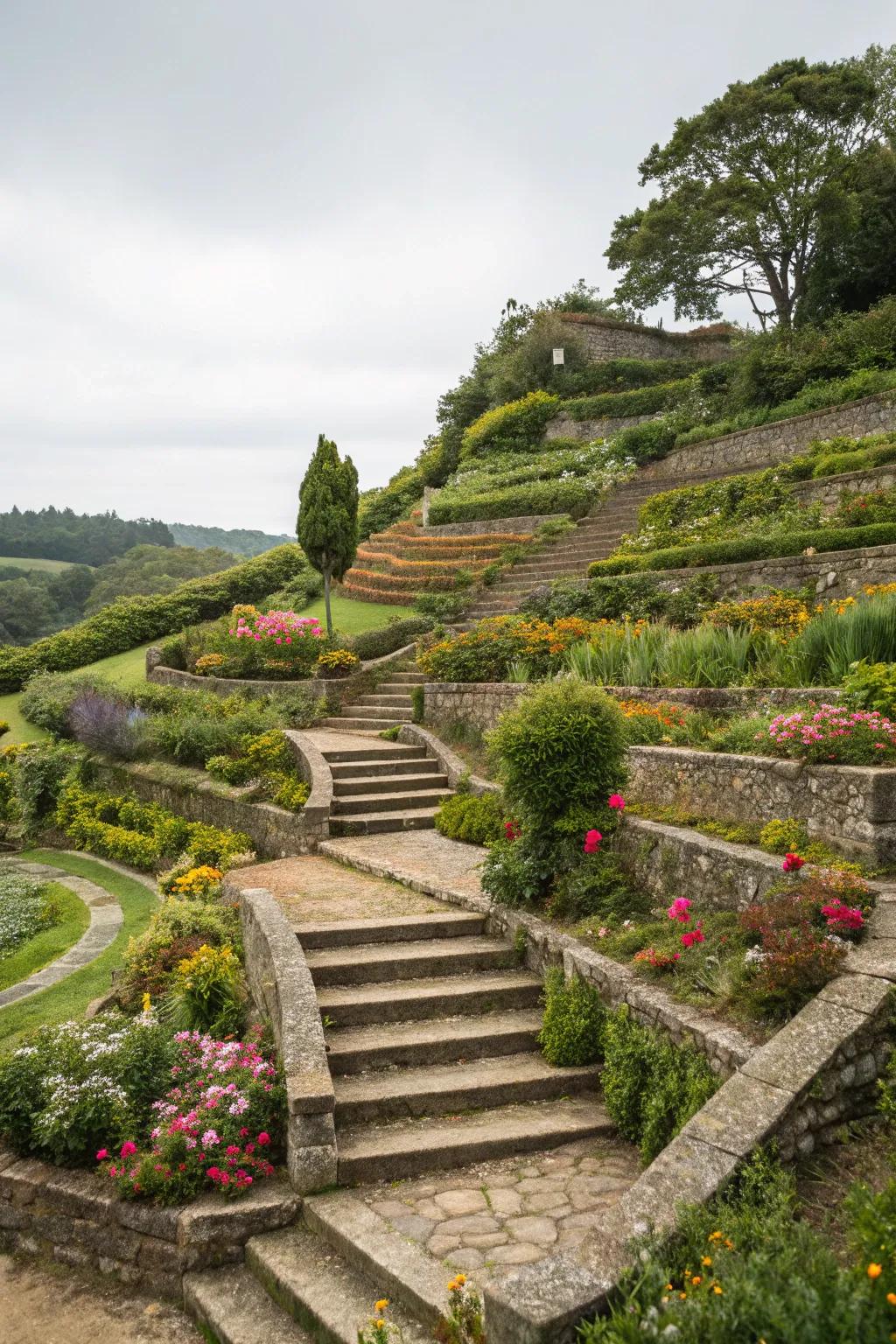 A terraced garden with distinct levels and steps, adding visual interest to the landscape.