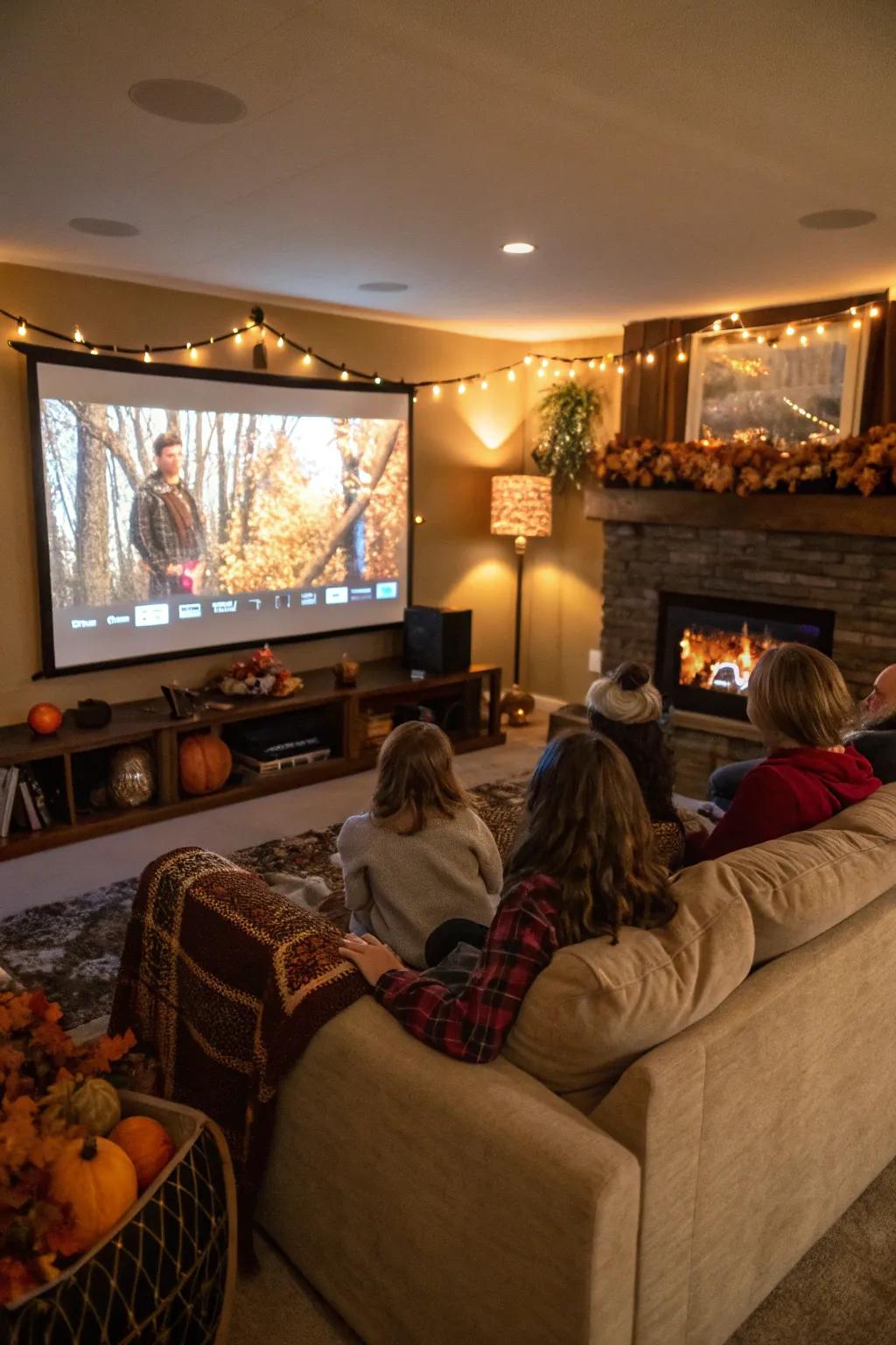 Family relishing a Thanksgiving cinematic marathon in a snug living space.