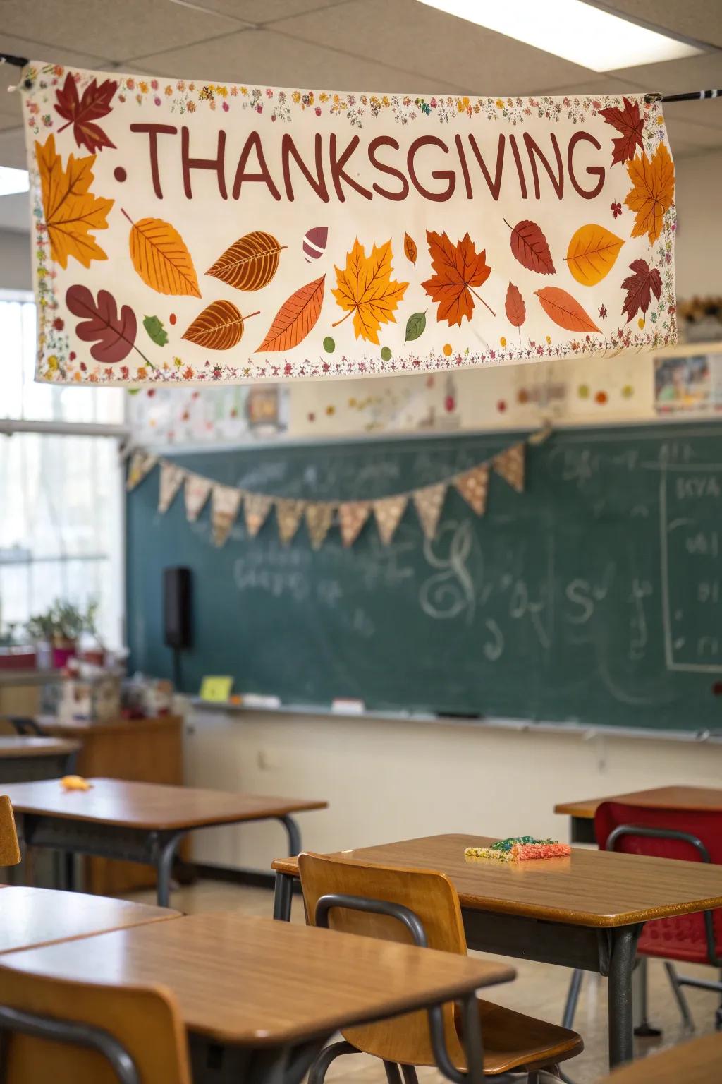 A customized Thanksgiving sign welcomes pupils.