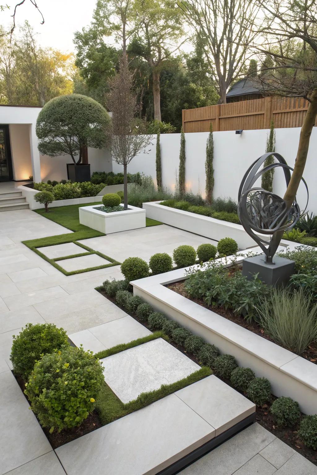 A chic contemporary garden featuring sleek design elements.