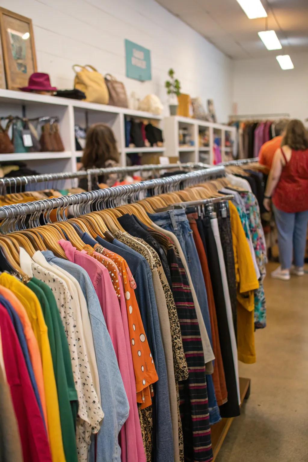 A stylish garment rack using color-coordinated ensembles.