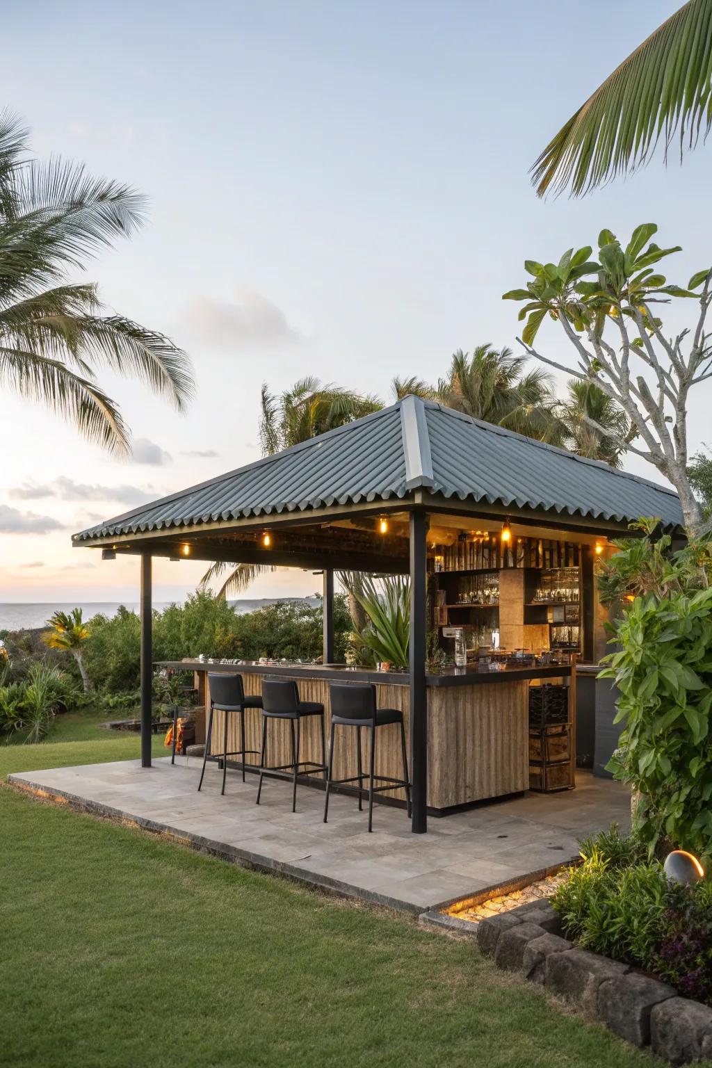 Wavy metal appends a contemporary sharpness to your tiki bar.