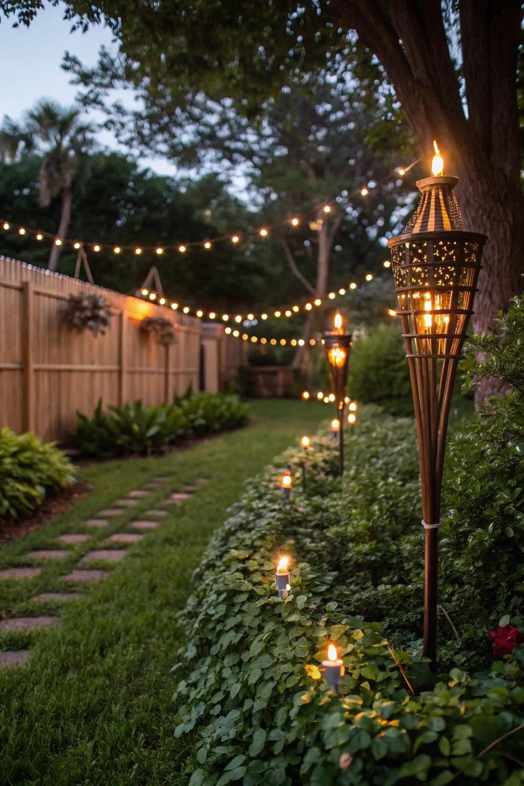 Establish a sentimental garden ambiance utilizing flame poles and lights.