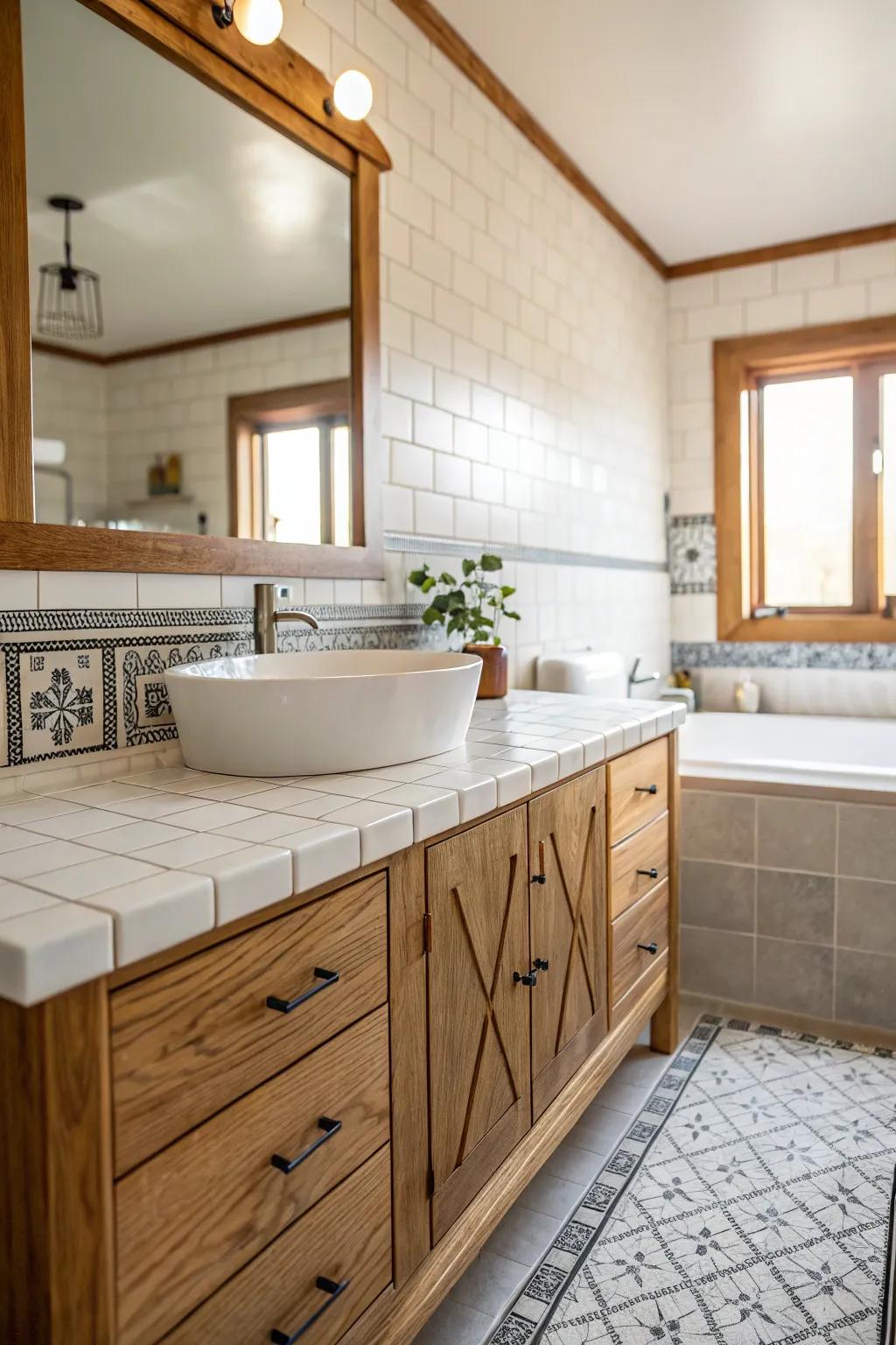 Timber highlights infuse warmth into tiled exteriors.