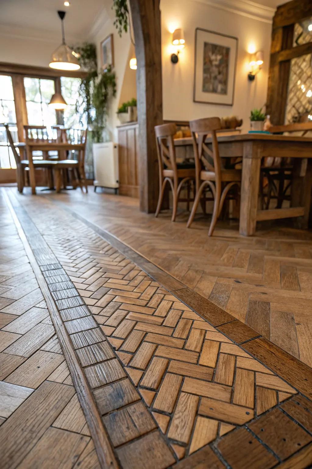 Woven pattern tiles fashion a textured flow into a timber floor.