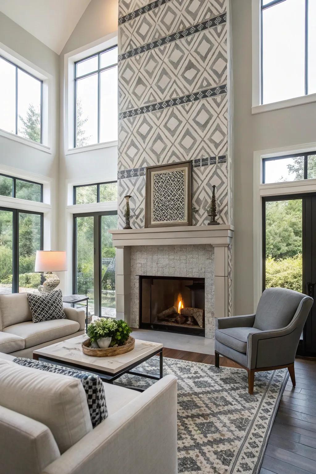 Shaped tiles add a modern touch to this contemporary fireplace.