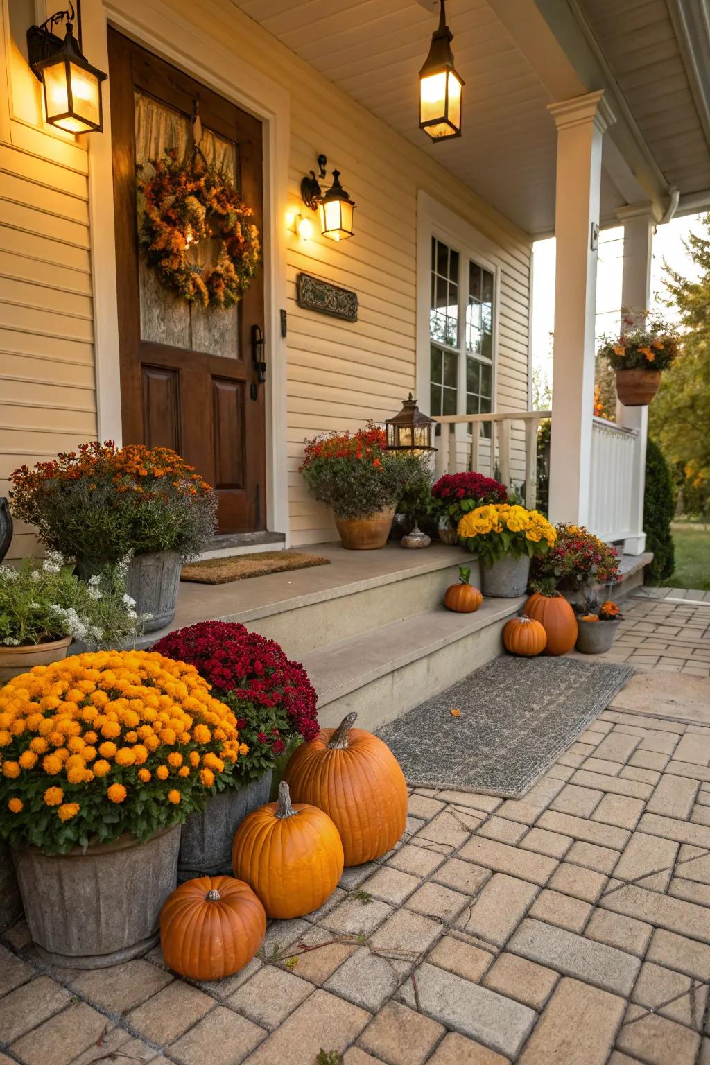 Seasonal decor adds a lively touch to this beautifully tiled porch.