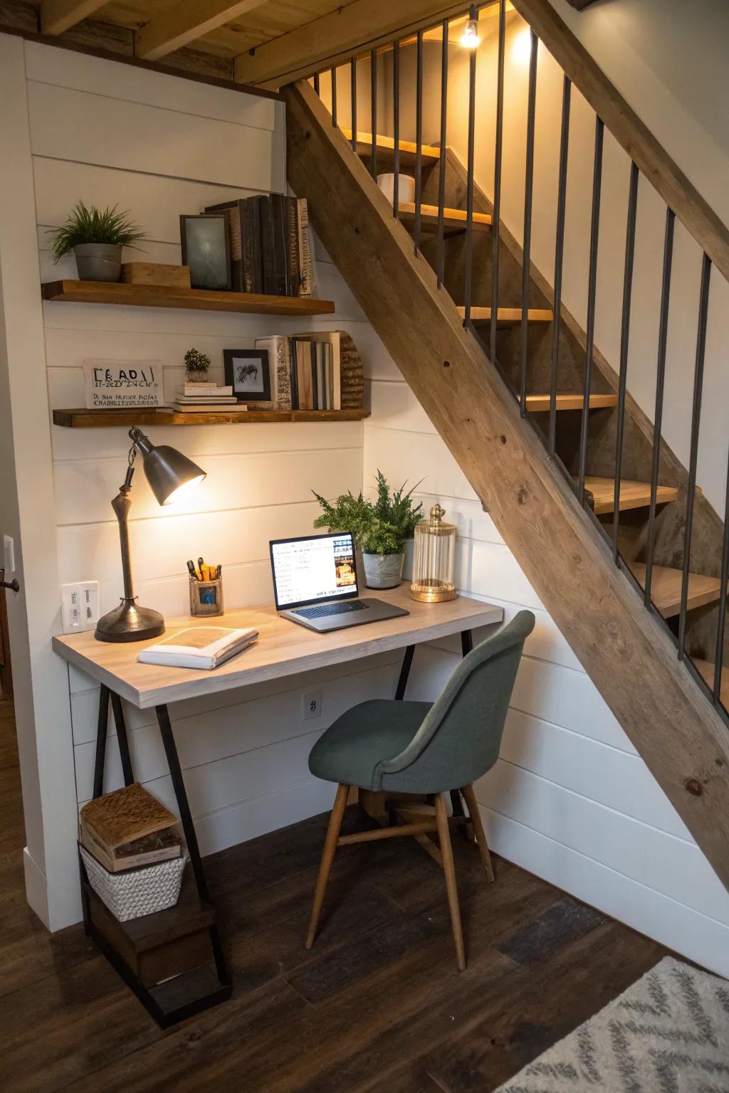 Employing the space beneath stairs can fashion a distinctive and intimate office corner.
