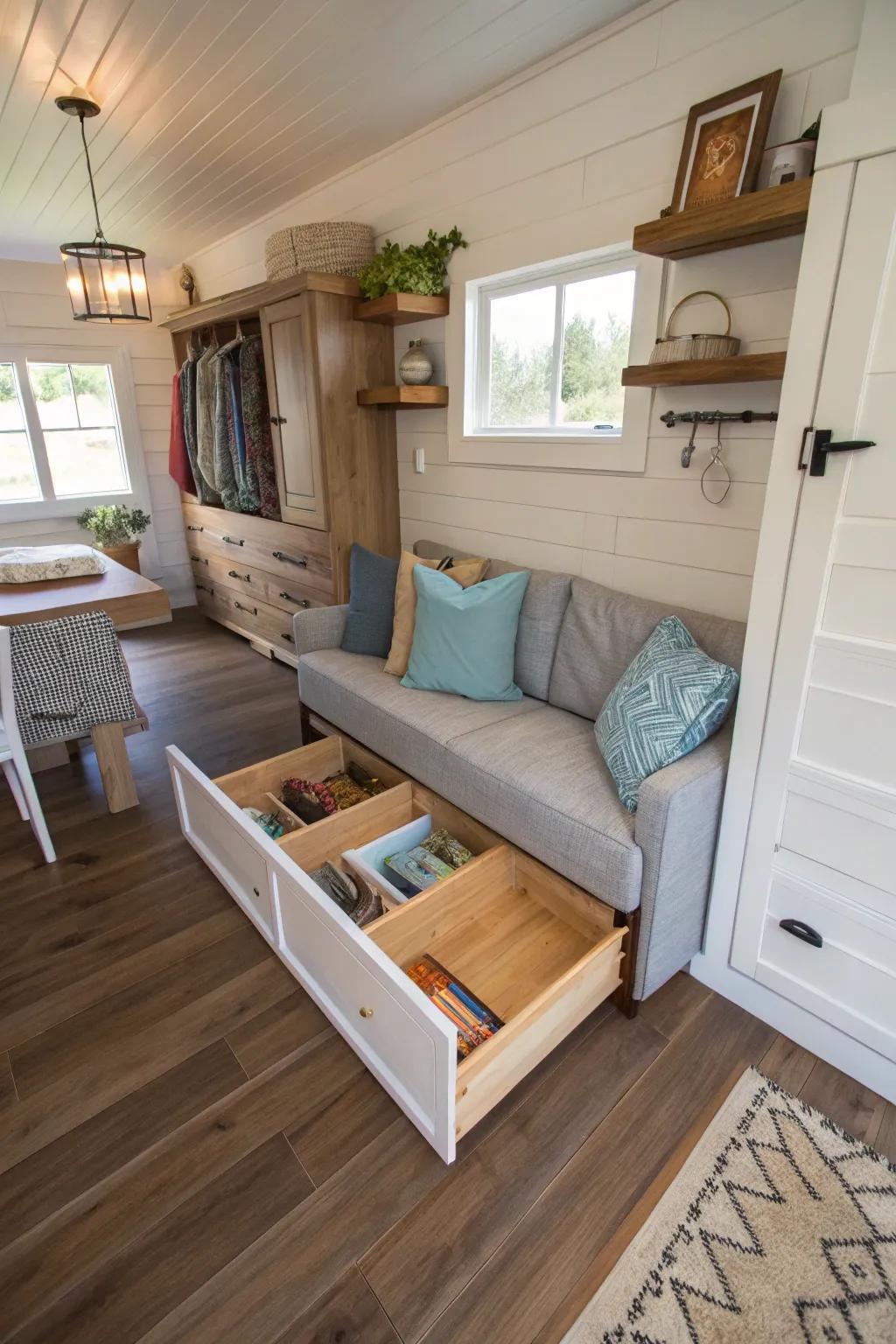 Hidden storage beneath floor panels for a tidy compact home