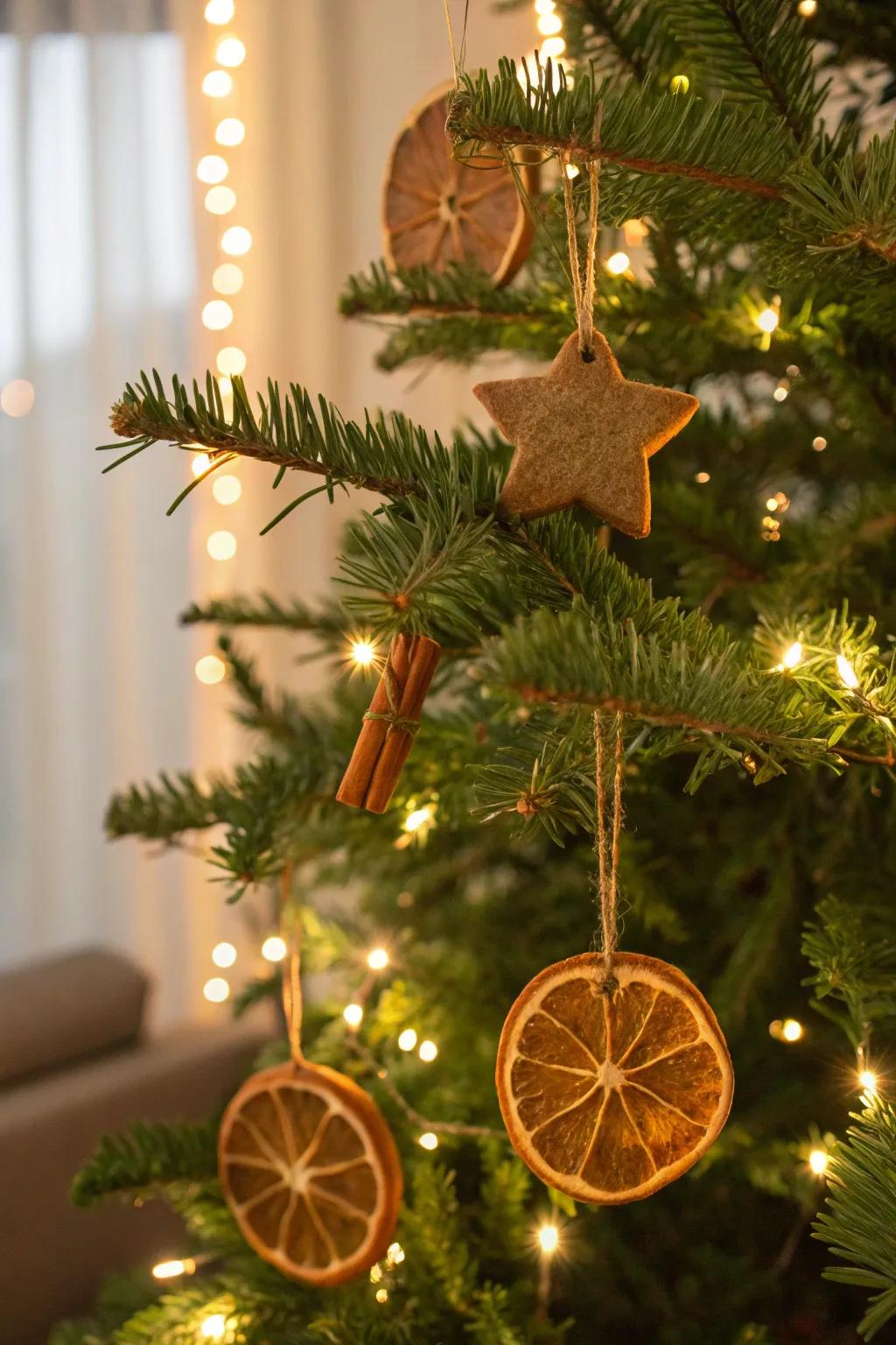Handmade cinnamon decorations bring a delightful scent to the tree.