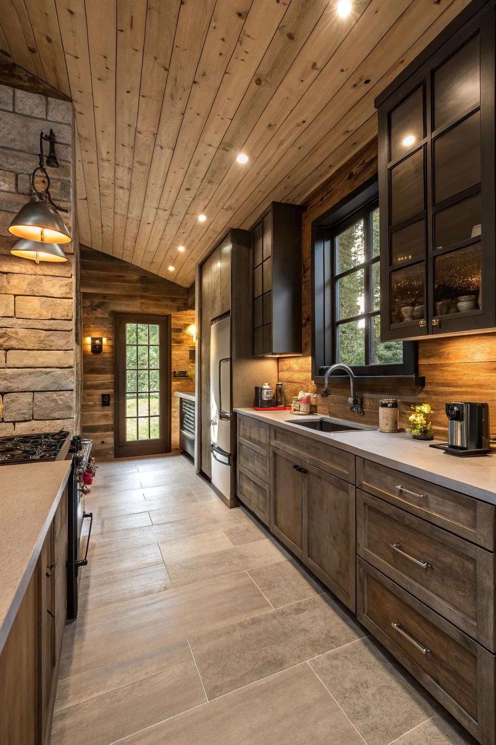 A seamless blend of rustic tongue and groove with modern kitchen design.