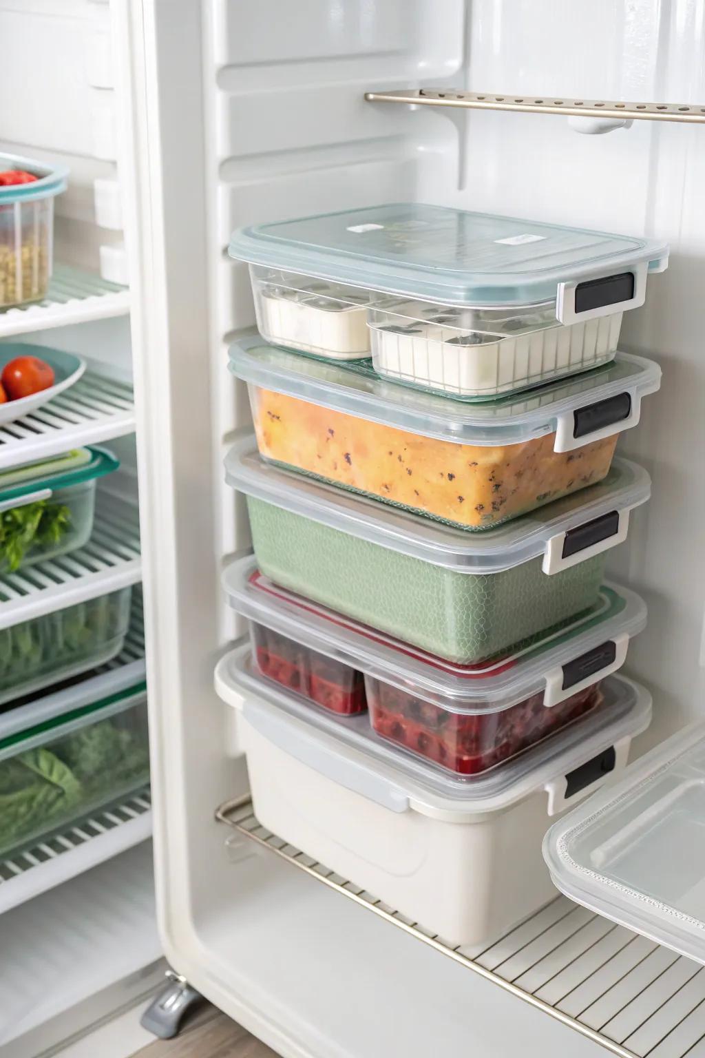 Stackable containers inside a top freezer, demonstrating effective use of vertical storage space.