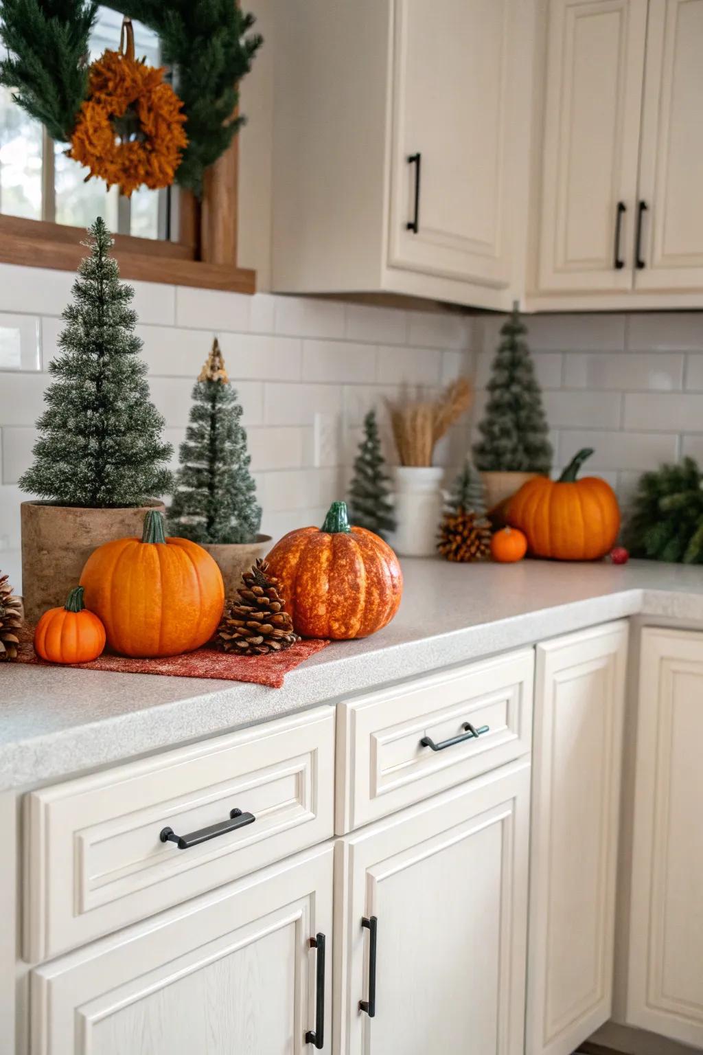 Celebrate the seasons through themed ornamental pieces atop your cabinets.