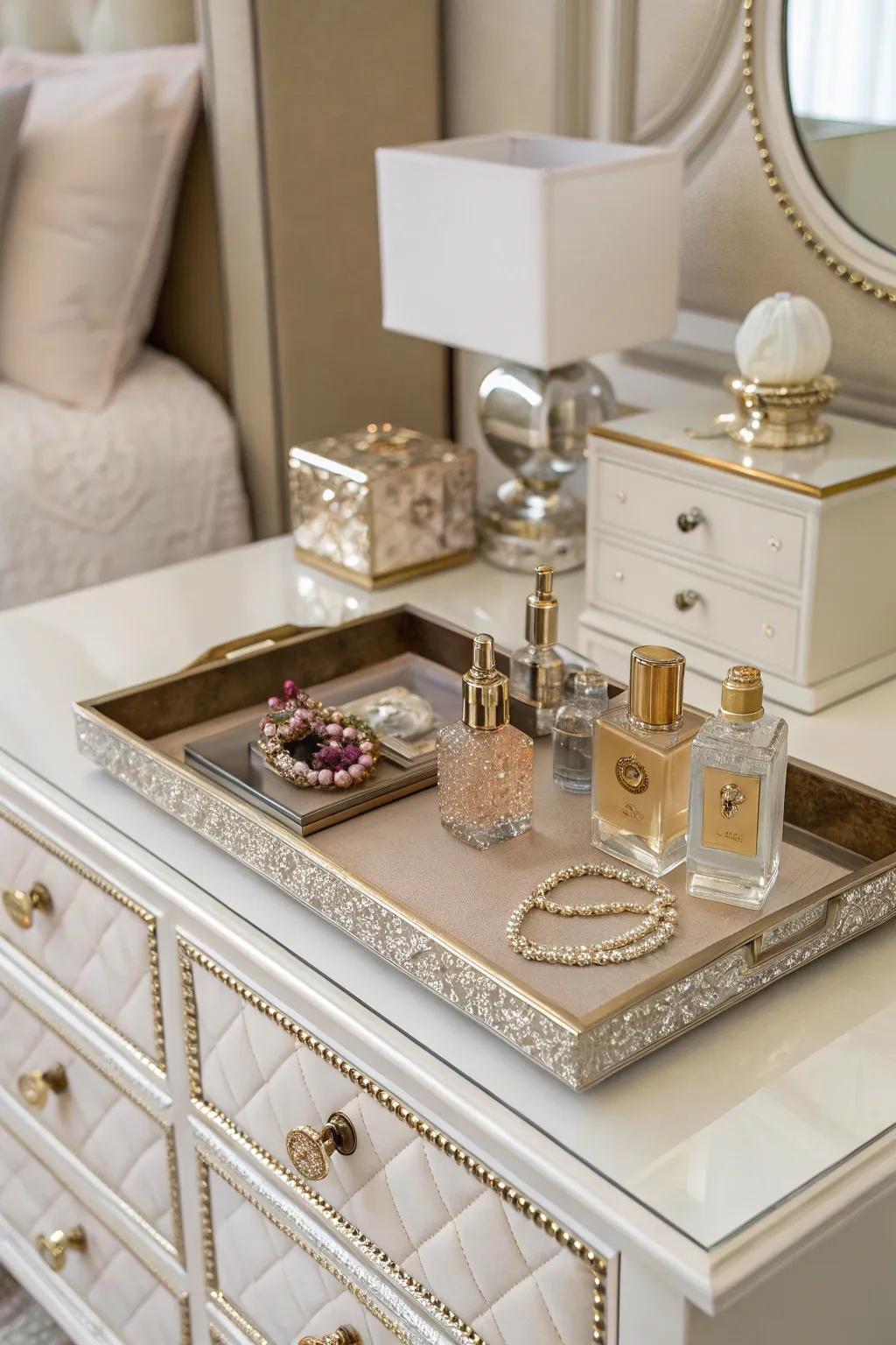 A decorative tray introduces style and organization to a dresser.