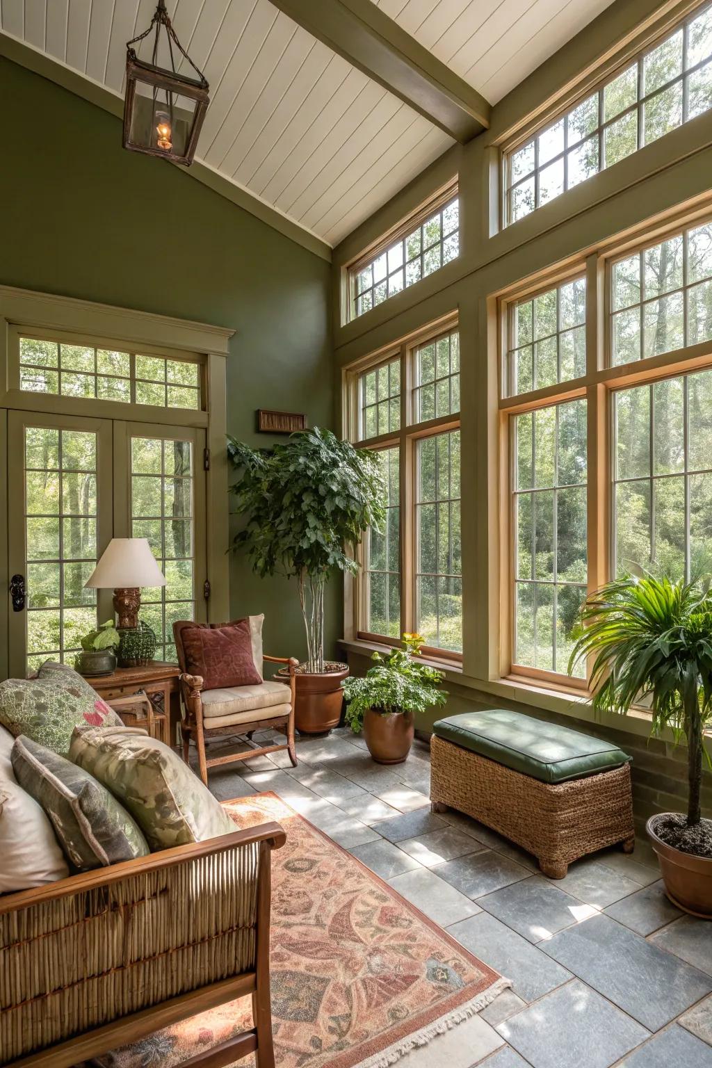 Olive green walls in a sunroom that flawlessly connects with the outdoors.