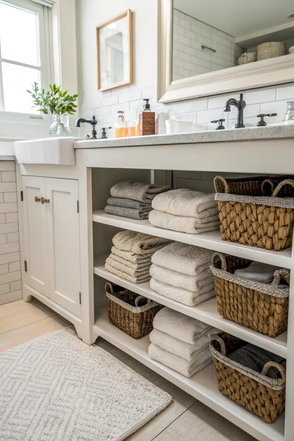 Under-sink storage is a clever way to utilize space in small bathrooms.