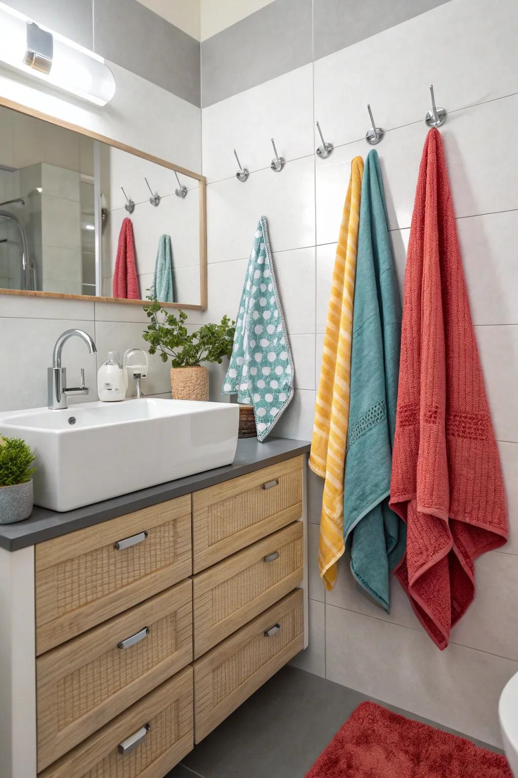 Wall-mounted pegs ensure towels remain organized and reachable.