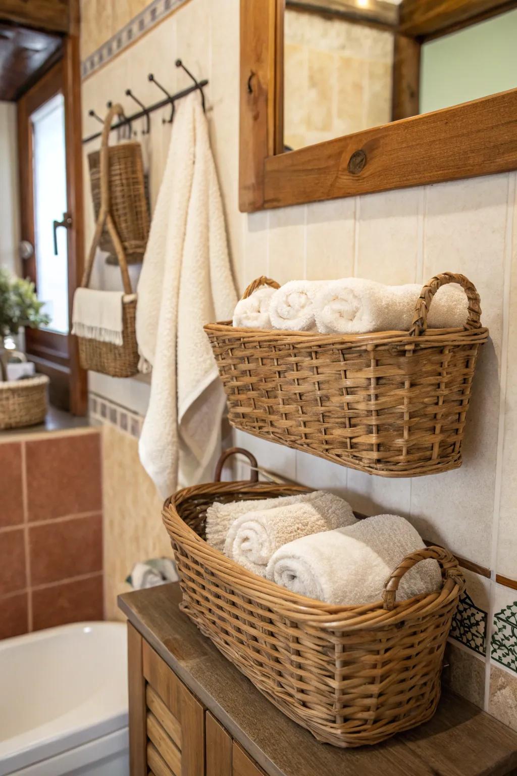 Basket arrangements on walls provide rustic charm and functionality.