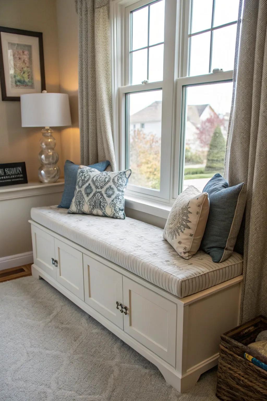 Under-bench storage pairs seating with hidden toy storage.