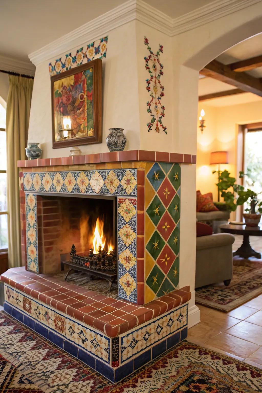 A vibrant tiled hearth brings color to the fireplace.