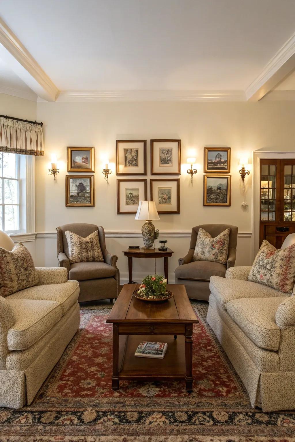Balanced layouts bring harmony to this classic living room.