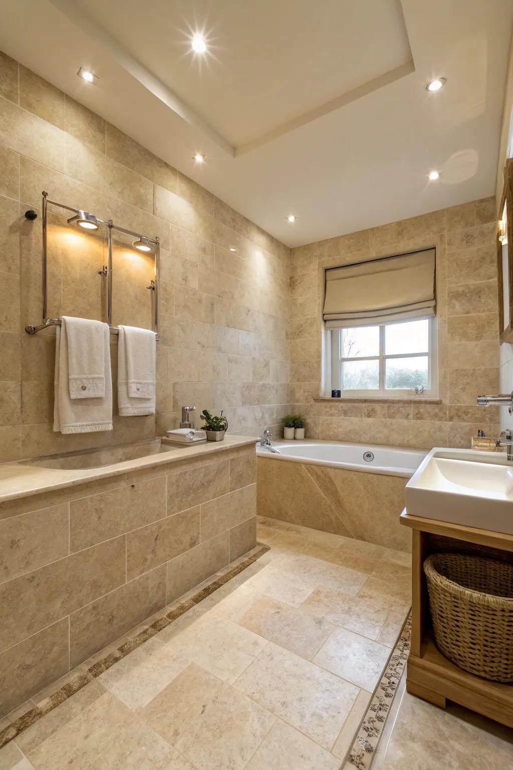 A soothing travertine bathroom featuring a neutral color scheme and soft, ambient lighting.