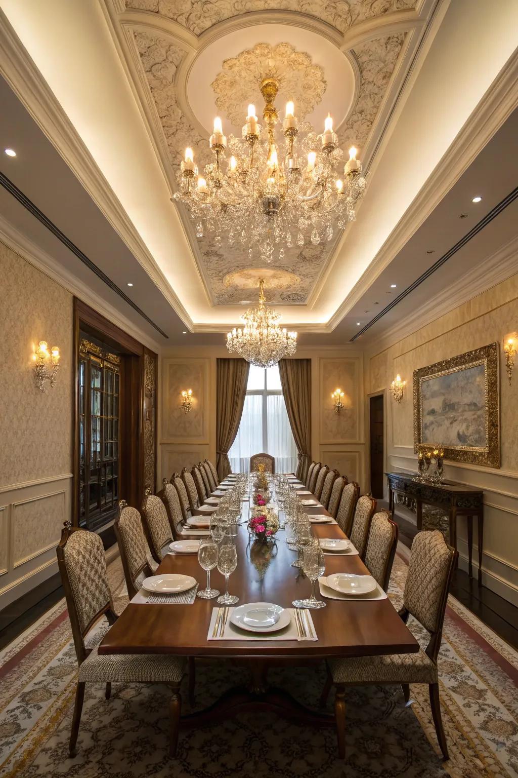 A luxurious dining room with a tray ceiling and a grand chandelier.