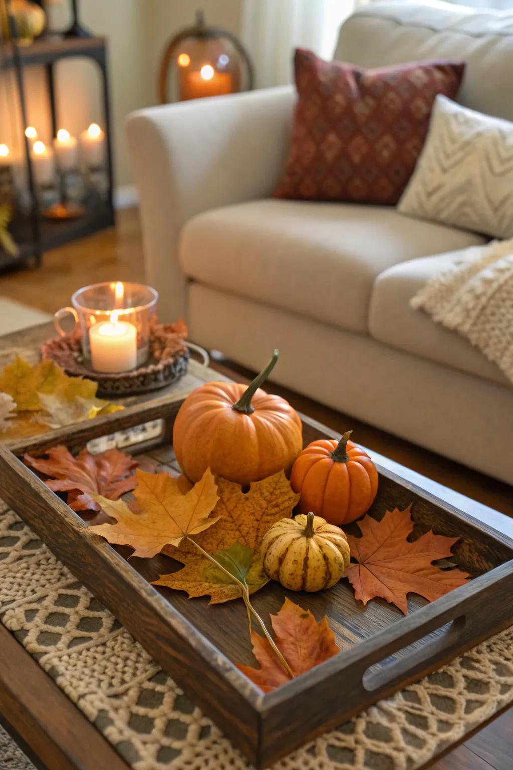 Celebrate the changing seasons with thematic tray decorations.
