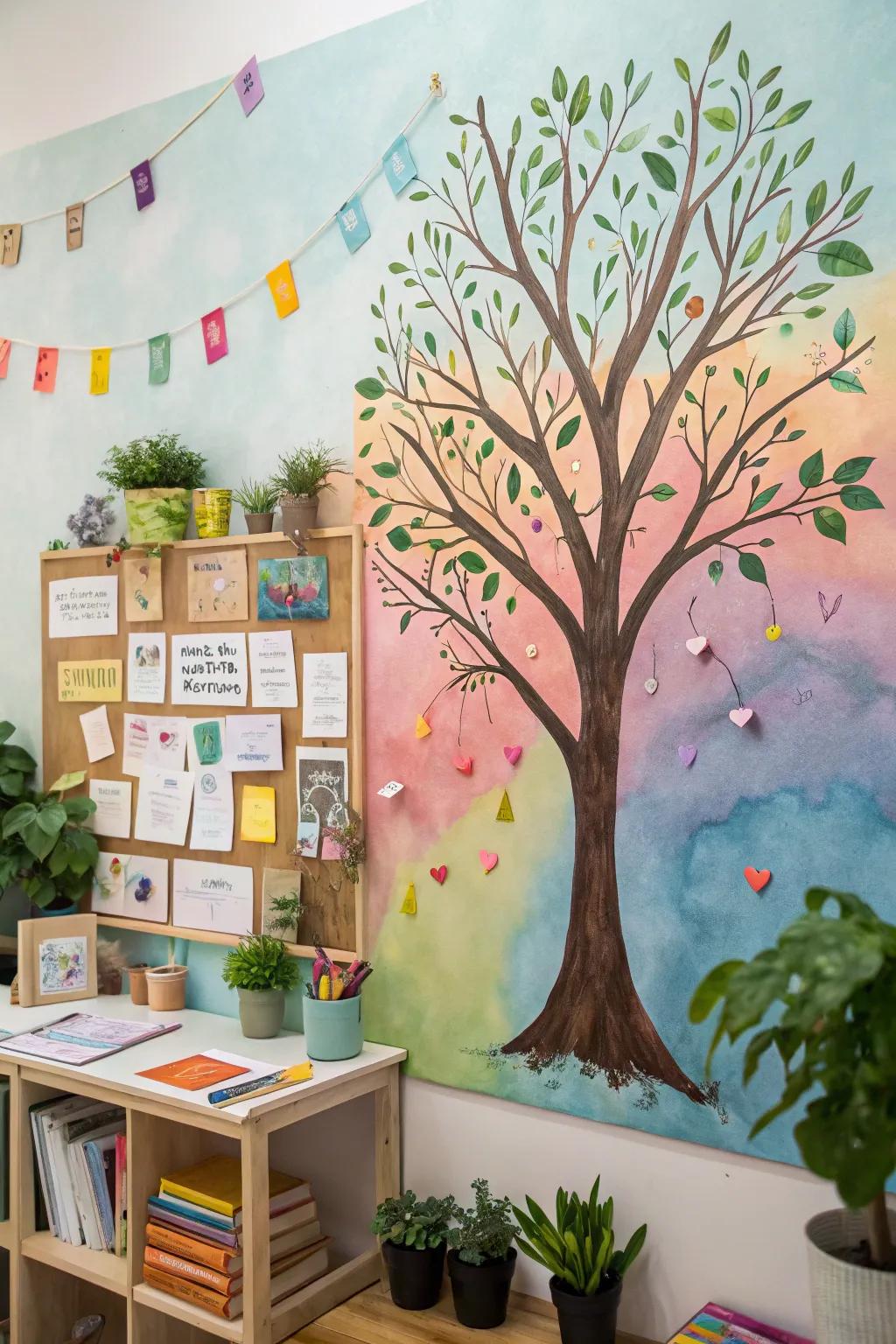 An imaginative tree bulletin board featuring a colorful watercolor backdrop.