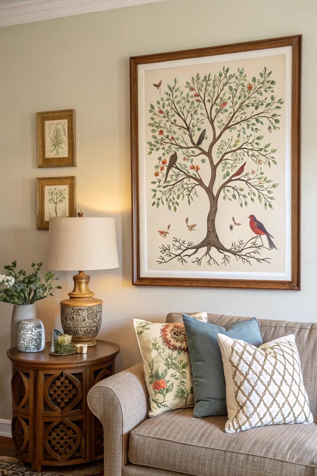 Framed Arbor Vitae print featuring warblers brightens a living room wall.